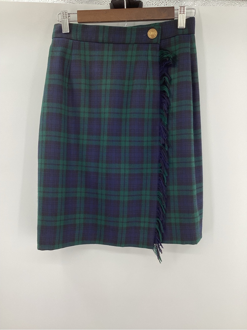 JH Collectibles Wool Green & Navy Plaid Fringe Wrap Midi Skirt